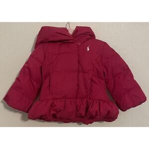 Ralph Lauren Girls Pink Water-Repellent Down Jacket‎ With Hood Baby Size 12 M